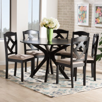 Baxton Studio Carlin-Sand/Dark Brown-7PC Dining Set Carlin Sand Fabric Upholstered and Dark Brown Finished Wood 7-Piece Dining Set